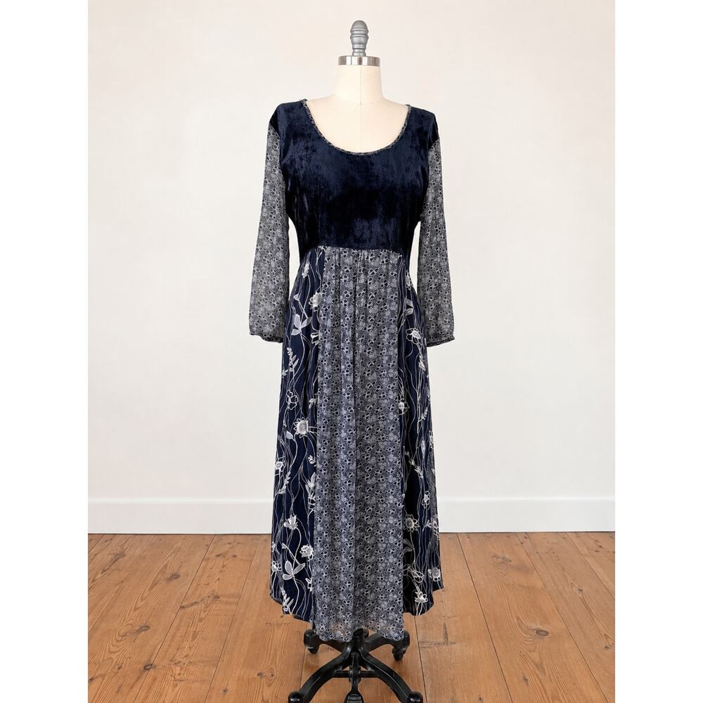Vintage 1990s M.P.H. Black Velvet Patchwork Midi Dress Whimsigoth Boho Corset - Picture 3 of 10